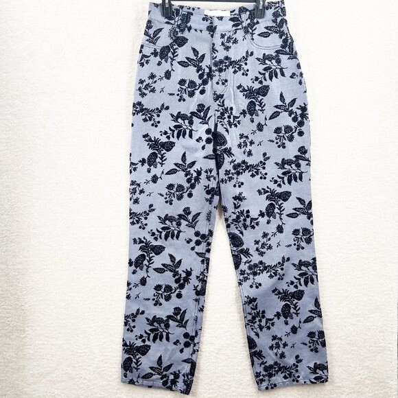 RODARTE Flocked Straight Leg Denim Pants In Blue Size 10 New - Picture 1 of 14